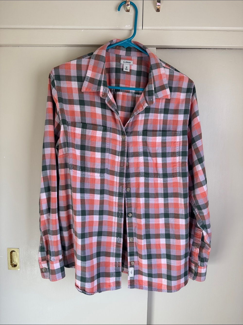L.L. Bean Men’s Coral, Green & White Plaid Button-Down Shirt